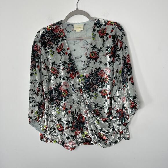Maeve Tops - Maeve Anthropologie Shirt Womens Large Gray Floral Silk Velvet Burnout Wrap